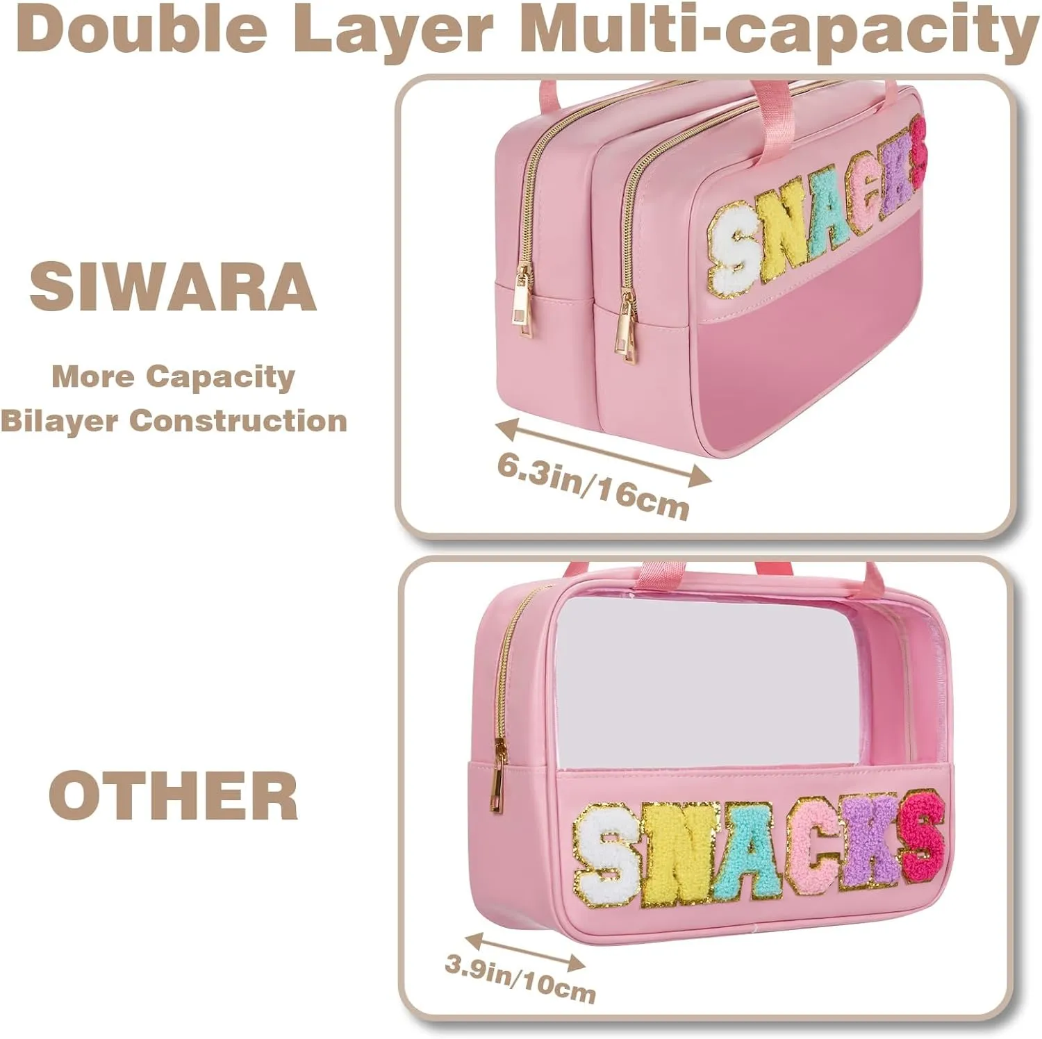 Snack Bags for Travel Varsity Letter Pouch Clear Toiletry Bag Snacks Bag Pouch, Preppy Clear Cosmetic Bag, Large Travel Bags for Women
