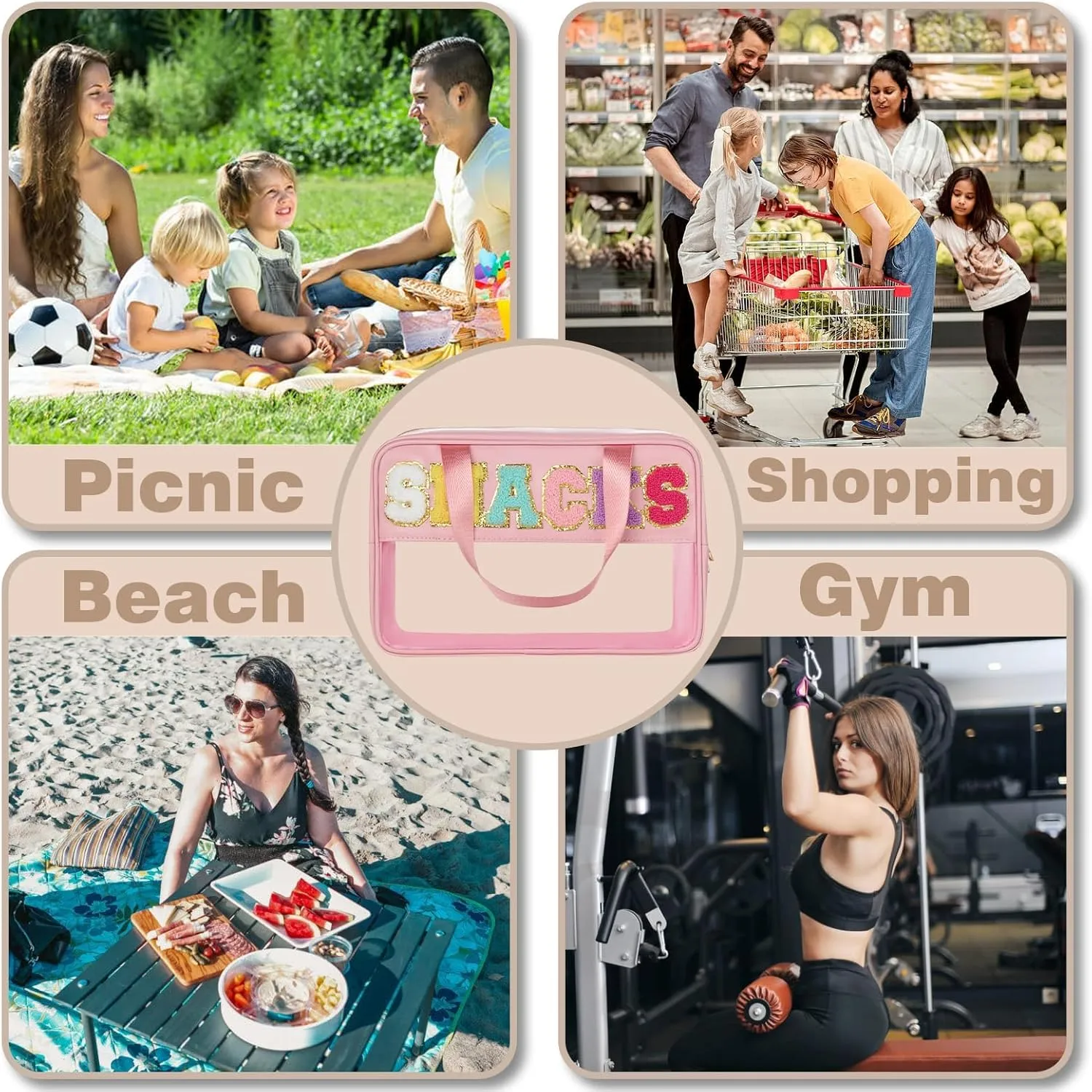 Snack Bags for Travel Varsity Letter Pouch Clear Toiletry Bag Snacks Bag Pouch, Preppy Clear Cosmetic Bag, Large Travel Bags for Women