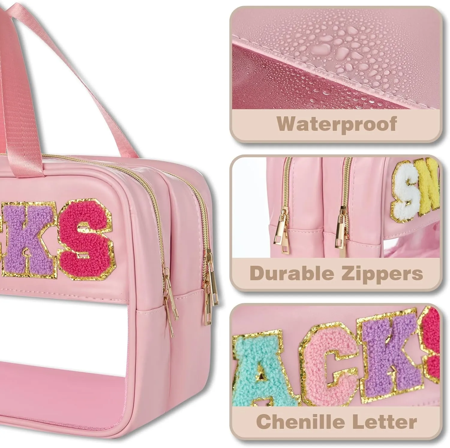 Snack Bags for Travel Varsity Letter Pouch Clear Toiletry Bag Snacks Bag Pouch, Preppy Clear Cosmetic Bag, Large Travel Bags for Women