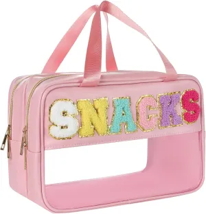 Snack Bags for Travel Varsity Letter Pouch Clear Toiletry Bag Snacks Bag Pouch, Preppy Clear Cosmetic Bag, Large Travel Bags for Women