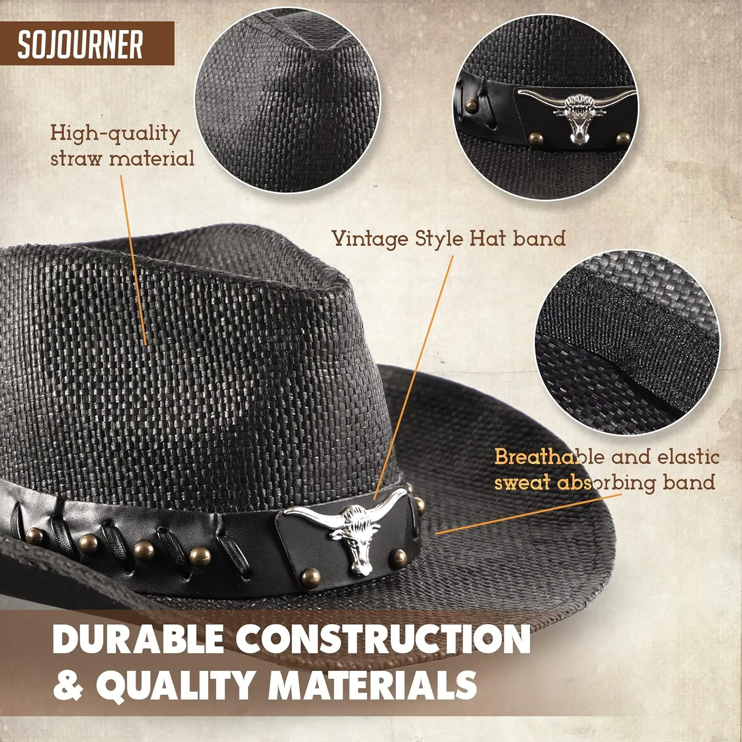 SoJourner Bags Men & Women's Cowboy Cowgirl Hat - Western Hats for Women, Adjustable Cowboy Hat Men with Wide Brim