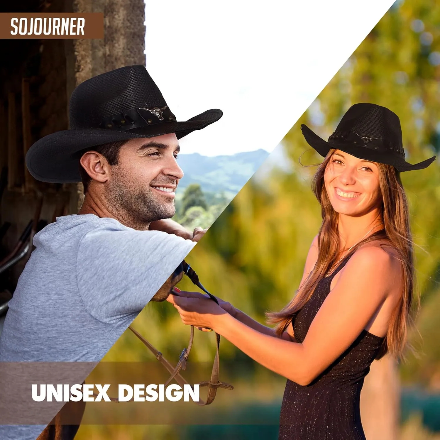 SoJourner Bags Men & Women's Cowboy Cowgirl Hat - Western Hats for Women, Adjustable Cowboy Hat Men with Wide Brim