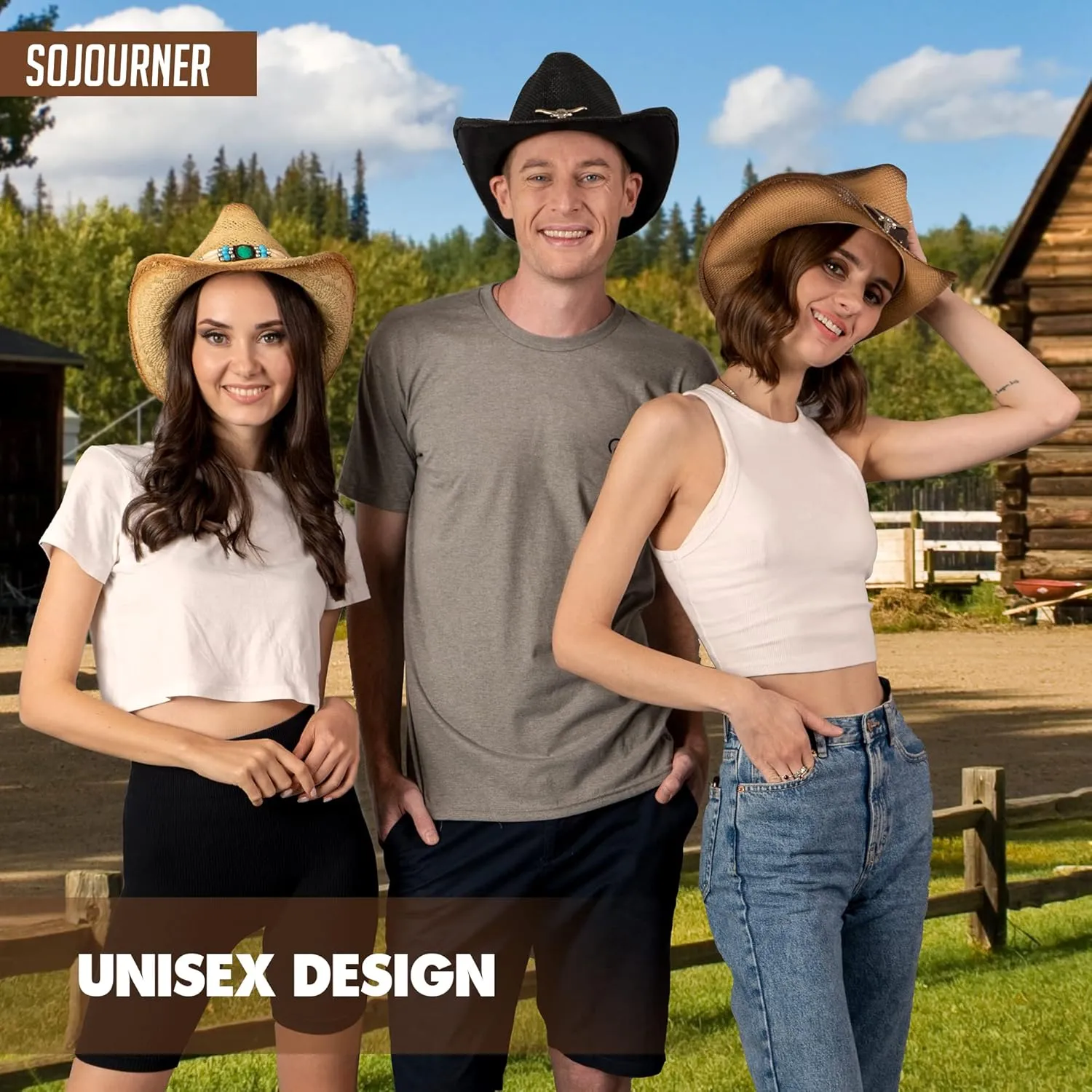 SoJourner Bags Men & Women's Cowboy Cowgirl Hat - Western Hats for Women, Adjustable Cowboy Hat Men with Wide Brim