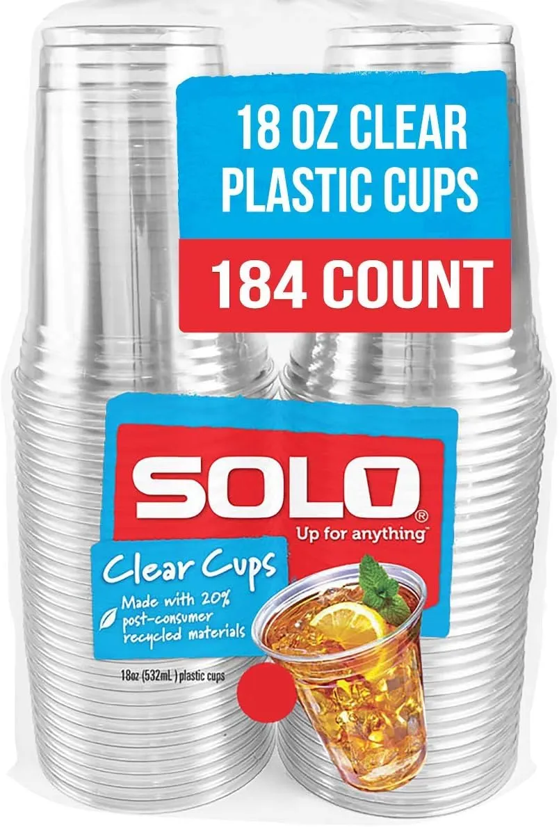 SOLO Cup Company Clear Recycled Plastic Party Cups, 18 Oz, 184 Count