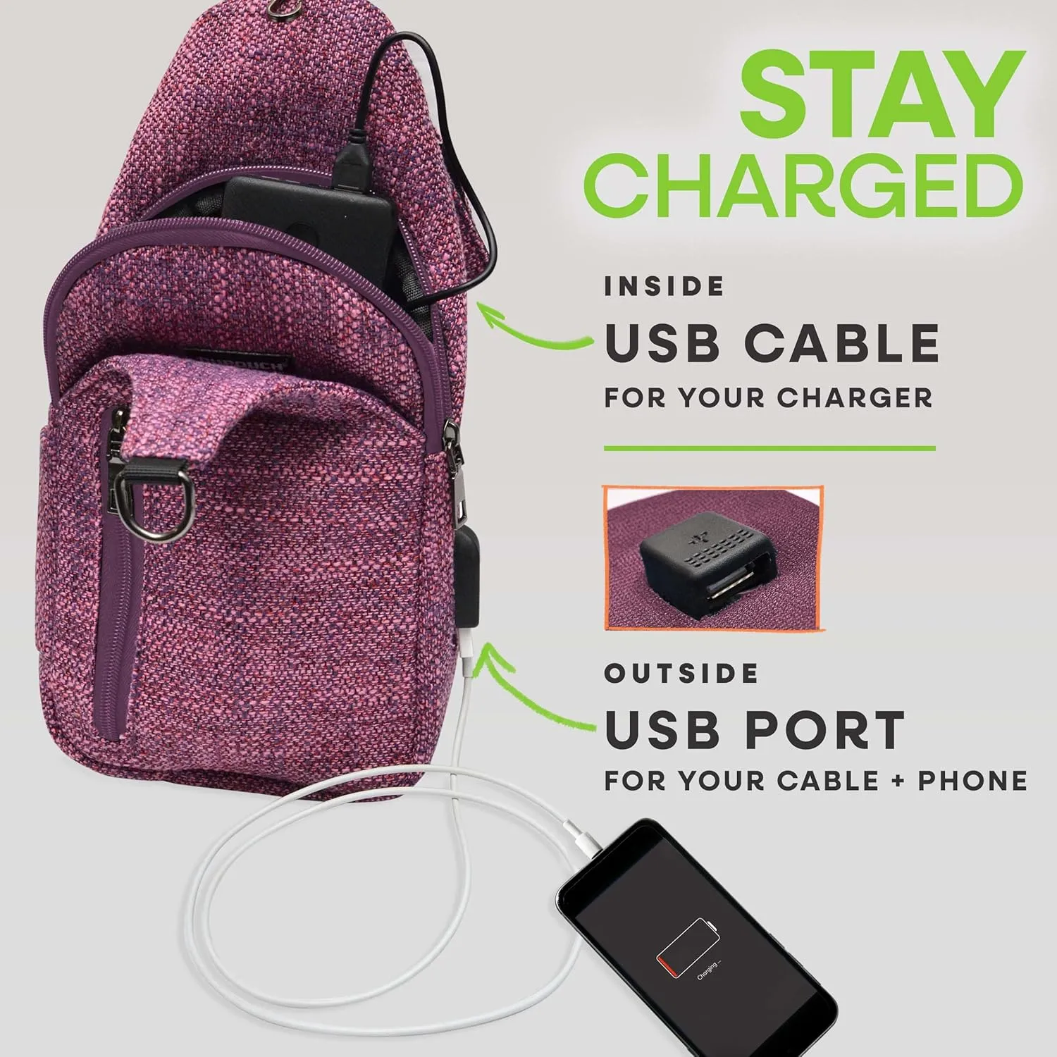 Sonoma Antitheft Daypack Crossbody Sling Backpack, USB Charging, Lightweight Day Pack for Travel, Hiking, Everyday, Regular Lt Blue/Silver Tweed