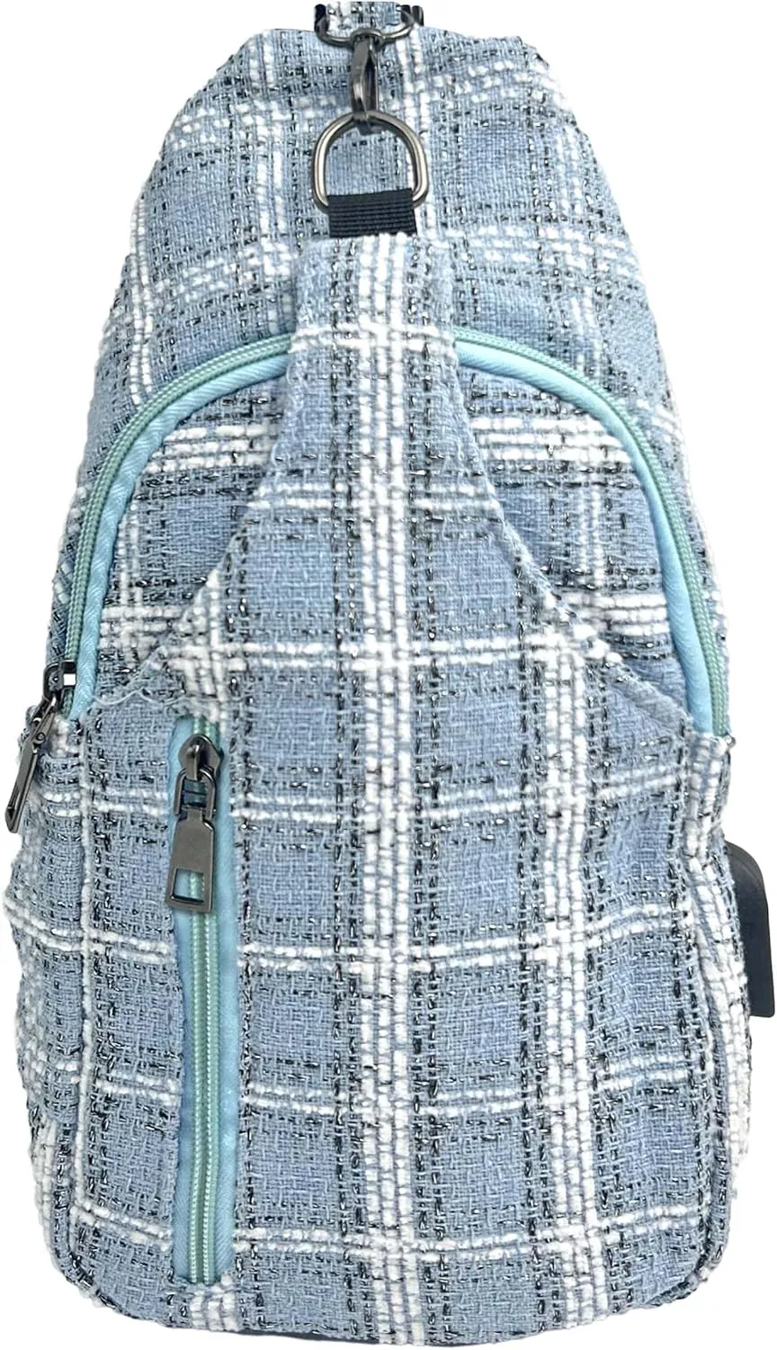 Sonoma Antitheft Daypack Crossbody Sling Backpack, USB Charging, Lightweight Day Pack for Travel, Hiking, Everyday, Regular Lt Blue/Silver Tweed