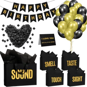Soulchen 5 Senses Gift Birthday Decorations Five Senses Gift Bags Party Decoration with Happy Birthday Banner Taste Touch Sound Rose Petals Balloon for Party(Black Gold)
