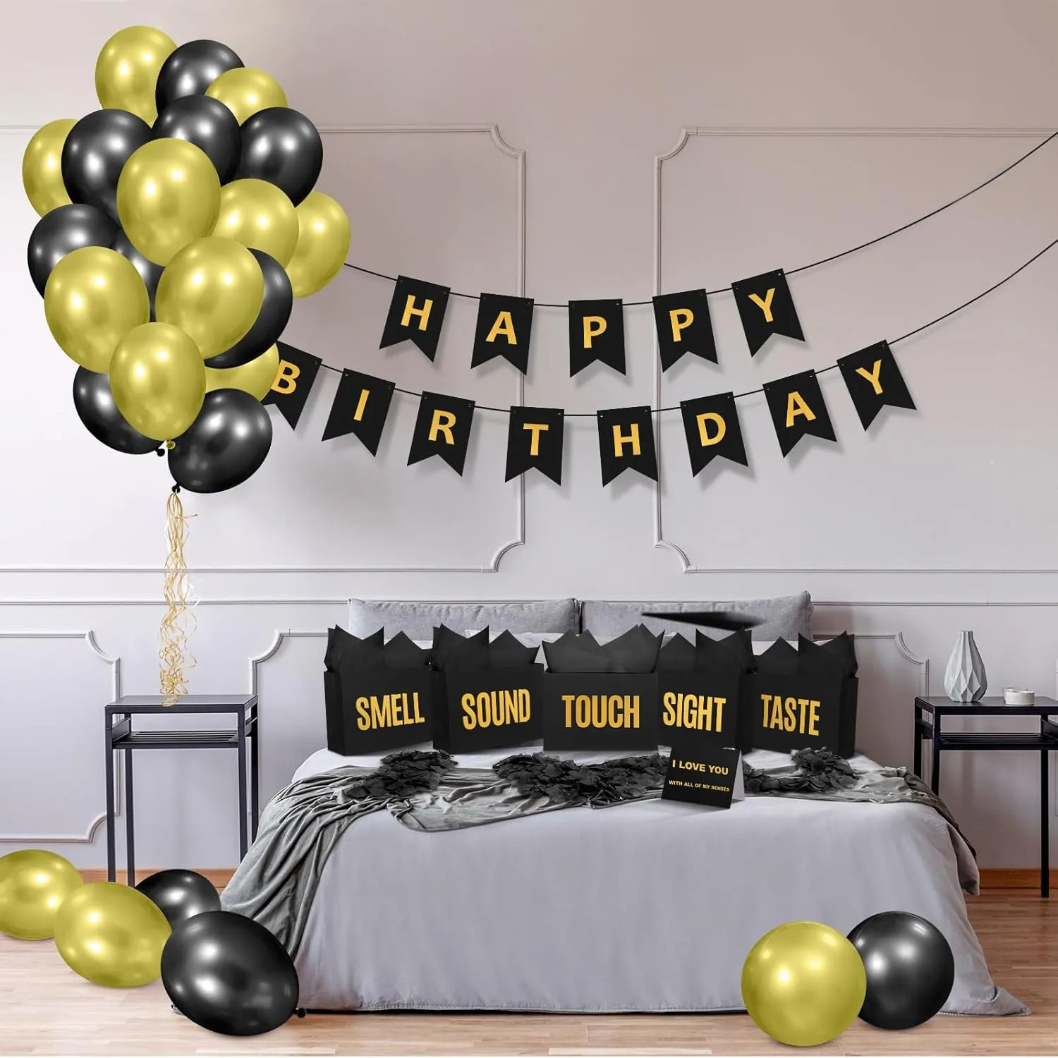 Soulchen 5 Senses Gift Birthday Decorations Five Senses Gift Bags Party Decoration with Happy Birthday Banner Taste Touch Sound Rose Petals Balloon for Party(Black Gold)
