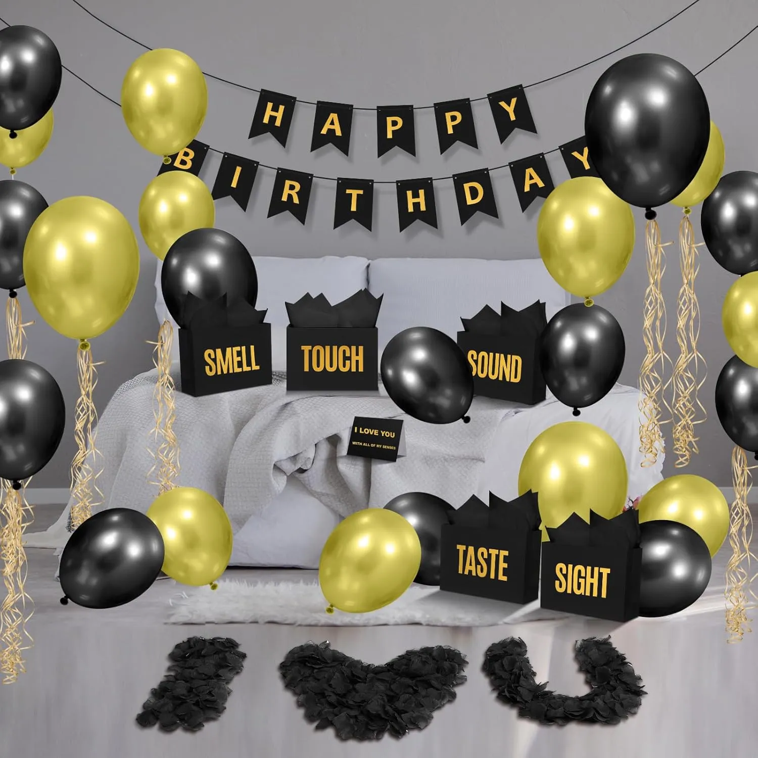 Soulchen 5 Senses Gift Birthday Decorations Five Senses Gift Bags Party Decoration with Happy Birthday Banner Taste Touch Sound Rose Petals Balloon for Party(Black Gold)