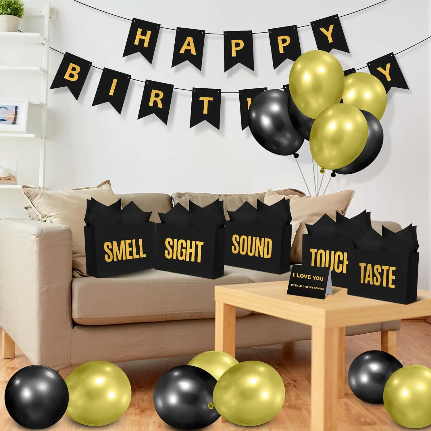 Soulchen 5 Senses Gift Birthday Decorations Five Senses Gift Bags Party Decoration with Happy Birthday Banner Taste Touch Sound Rose Petals Balloon for Party(Black Gold)