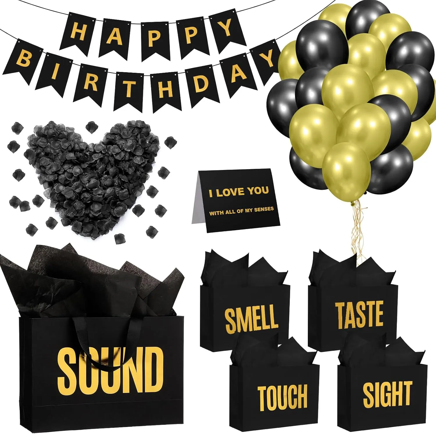 Soulchen 5 Senses Gift Birthday Decorations Five Senses Gift Bags Party Decoration with Happy Birthday Banner Taste Touch Sound Rose Petals Balloon for Party(Black Gold)