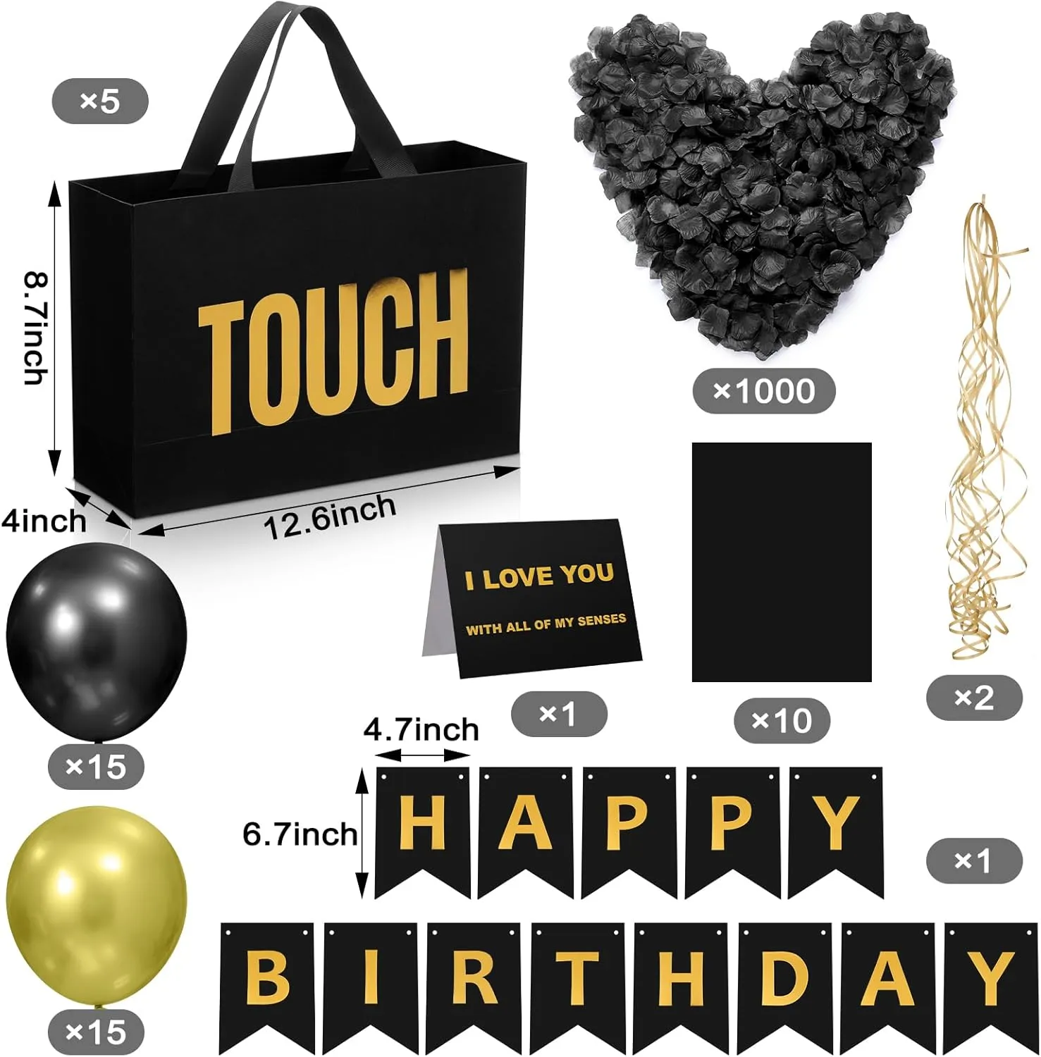 Soulchen 5 Senses Gift Birthday Decorations Five Senses Gift Bags Party Decoration with Happy Birthday Banner Taste Touch Sound Rose Petals Balloon for Party(Black Gold)