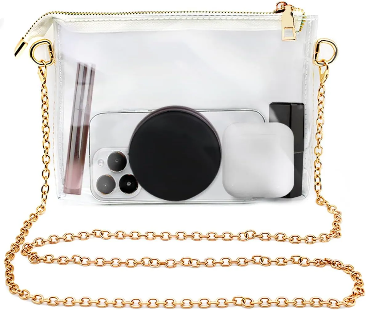 SourceTon Stadium Approved Clear Crossbody Bag for Women - Transparent Purse with Gold Chain, Waterproof Concert Bag for Sporting Events, Music Festivals (20x13x2cm, 120cm Chain)