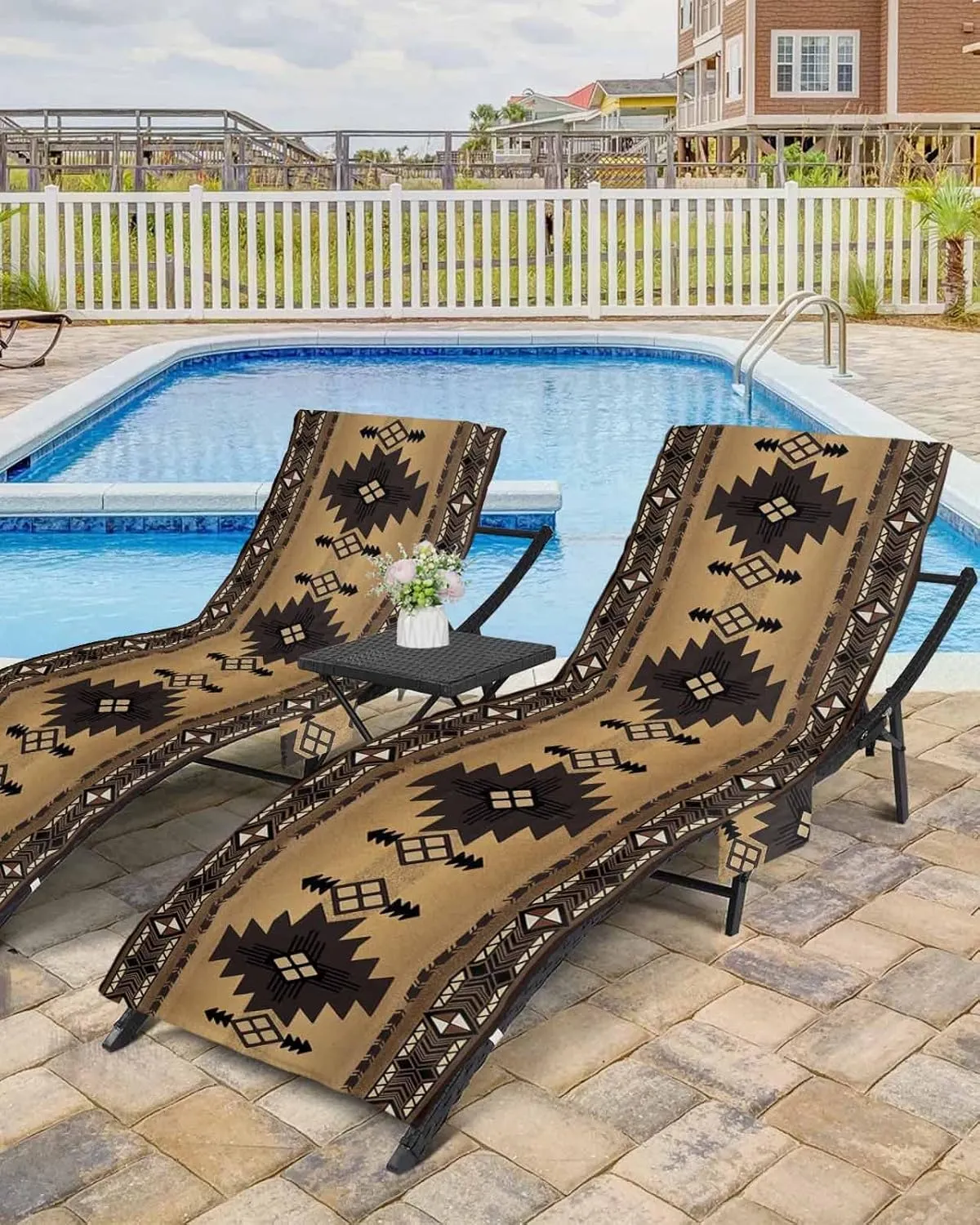 Southwestern America Chaise Lounger Cover with Pockets, Pool Lounge Chair Covers 85"x29", Brown Tribal Geometric Ethnic Vintage Microfiber Beach Chair Cover for Outdoor Patio Sunbathing