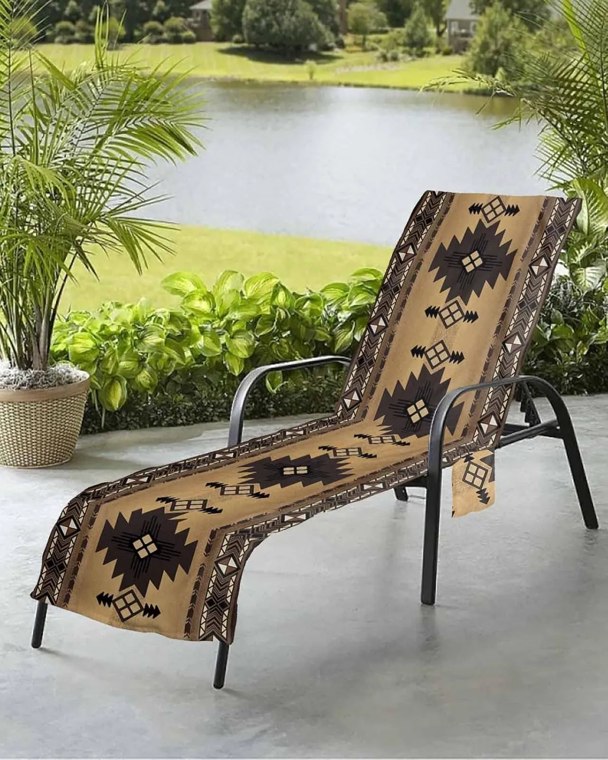 Southwestern America Chaise Lounger Cover with Pockets, Pool Lounge Chair Covers 85"x29", Brown Tribal Geometric Ethnic Vintage Microfiber Beach Chair Cover for Outdoor Patio Sunbathing