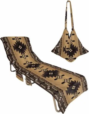 Southwestern America Chaise Lounger Cover with Pockets, Pool Lounge Chair Covers 85"x29", Brown Tribal Geometric Ethnic Vintage Microfiber Beach Chair Cover for Outdoor Patio Sunbathing
