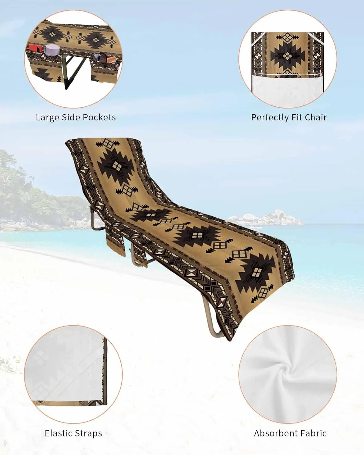 Southwestern America Chaise Lounger Cover with Pockets, Pool Lounge Chair Covers 85"x29", Brown Tribal Geometric Ethnic Vintage Microfiber Beach Chair Cover for Outdoor Patio Sunbathing