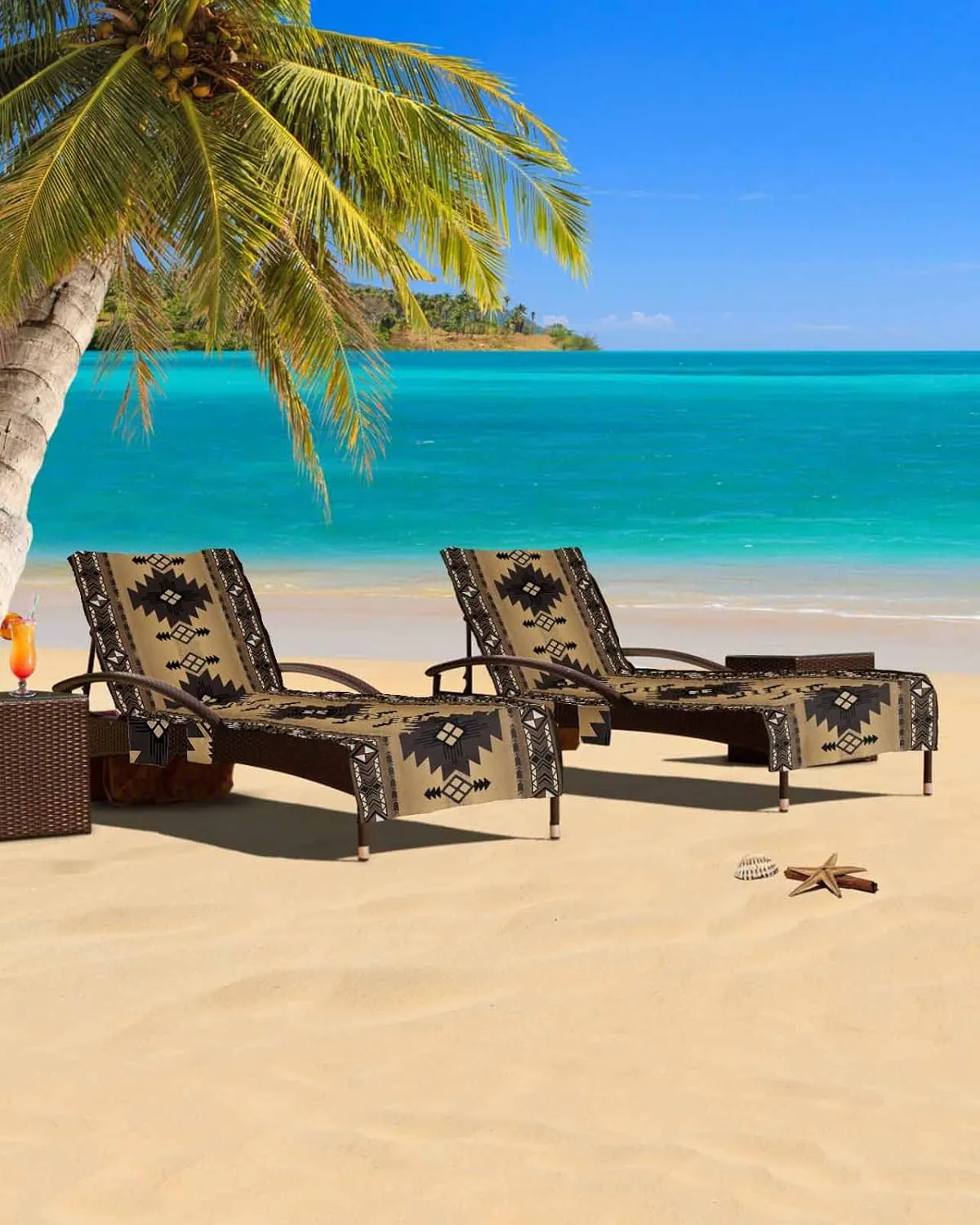 Southwestern America Chaise Lounger Cover with Pockets, Pool Lounge Chair Covers 85"x29", Brown Tribal Geometric Ethnic Vintage Microfiber Beach Chair Cover for Outdoor Patio Sunbathing