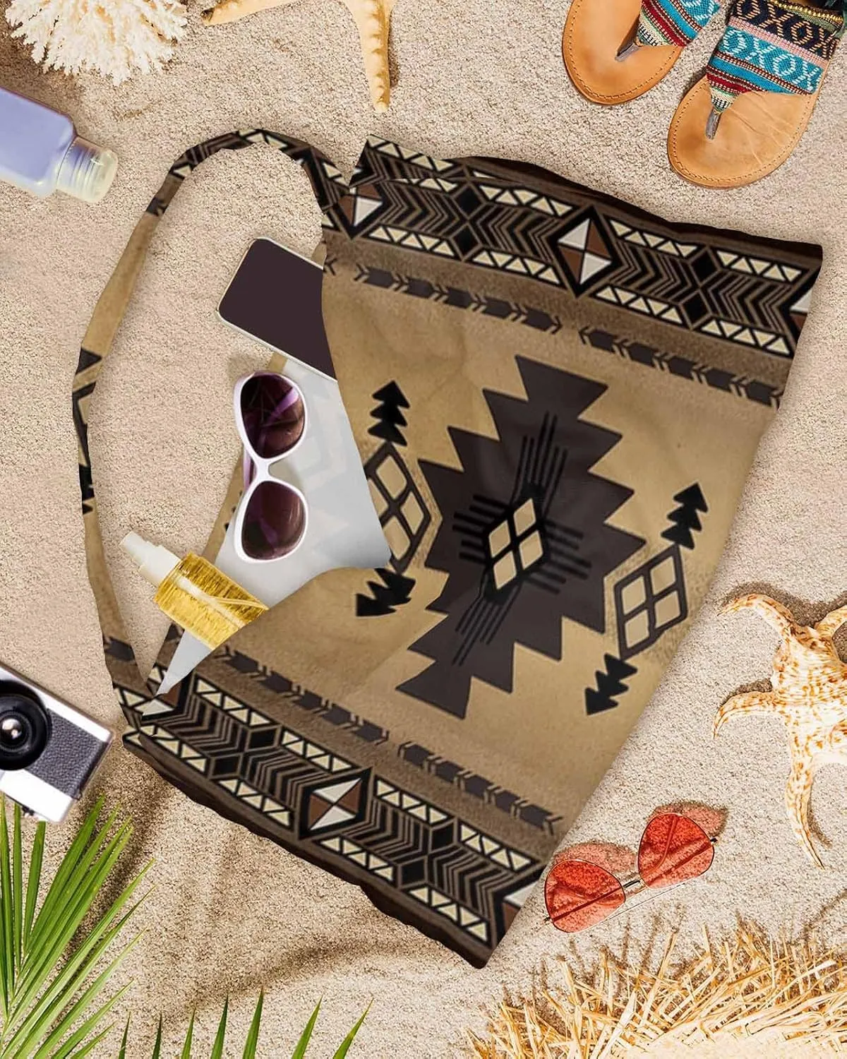 Southwestern America Chaise Lounger Cover with Pockets, Pool Lounge Chair Covers 85"x29", Brown Tribal Geometric Ethnic Vintage Microfiber Beach Chair Cover for Outdoor Patio Sunbathing