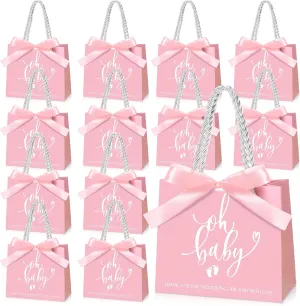 Spakon 25 Packs Baby Shower Favors for Guests Oh Baby Gifts Bag with Handles Paper Goodie Gift Bags with Ribbon for Newborn Gender Reveal Favors(Pink)