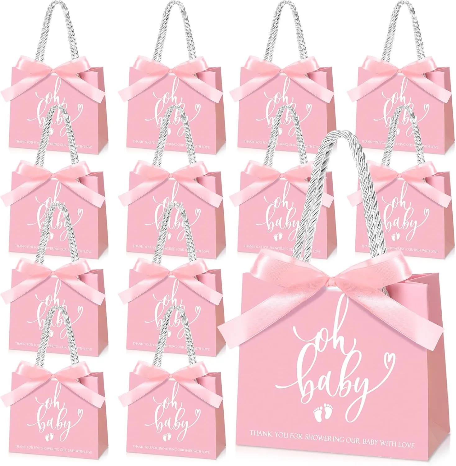 Spakon 25 Packs Baby Shower Favors for Guests Oh Baby Gifts Bag with Handles Paper Goodie Gift Bags with Ribbon for Newborn Gender Reveal Favors(Pink)