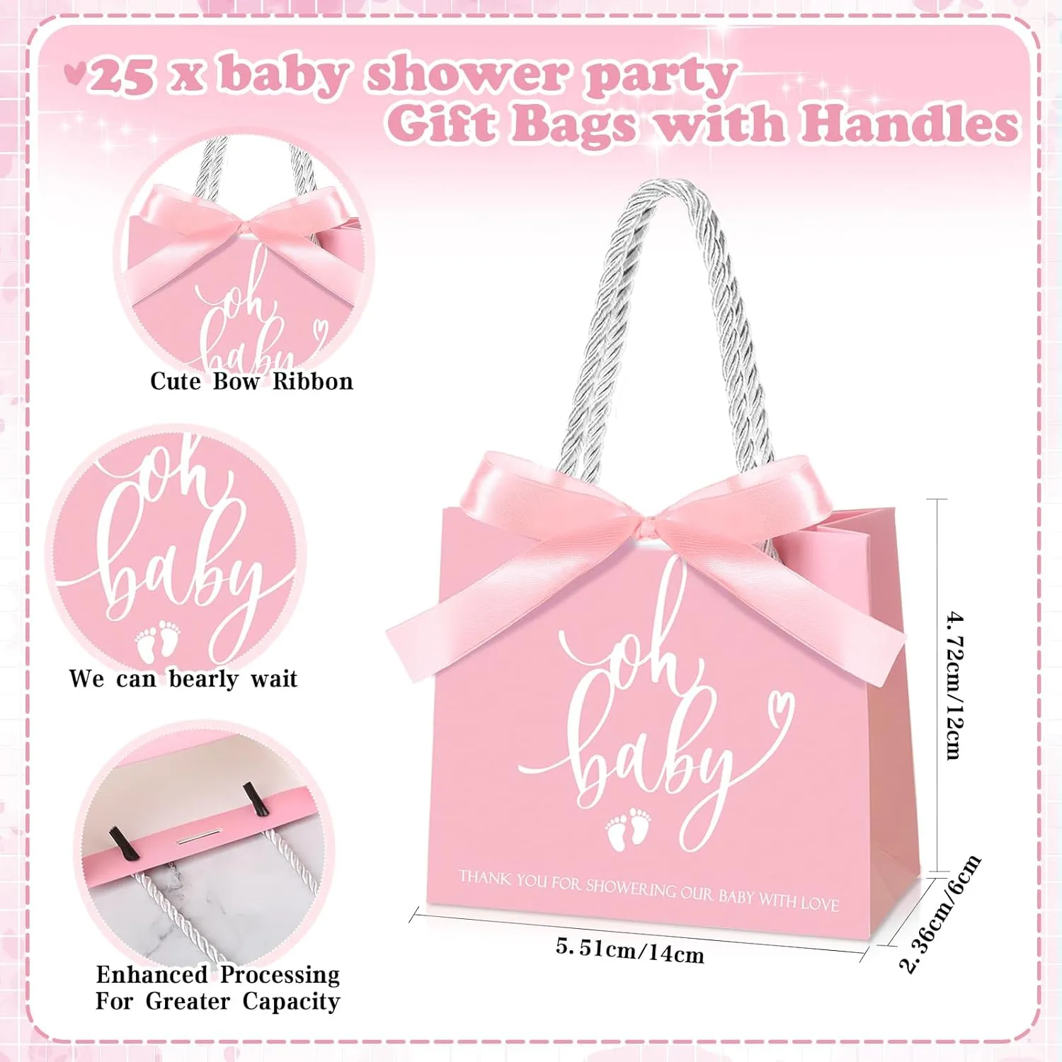 Spakon 25 Packs Baby Shower Favors for Guests Oh Baby Gifts Bag with Handles Paper Goodie Gift Bags with Ribbon for Newborn Gender Reveal Favors(Pink)