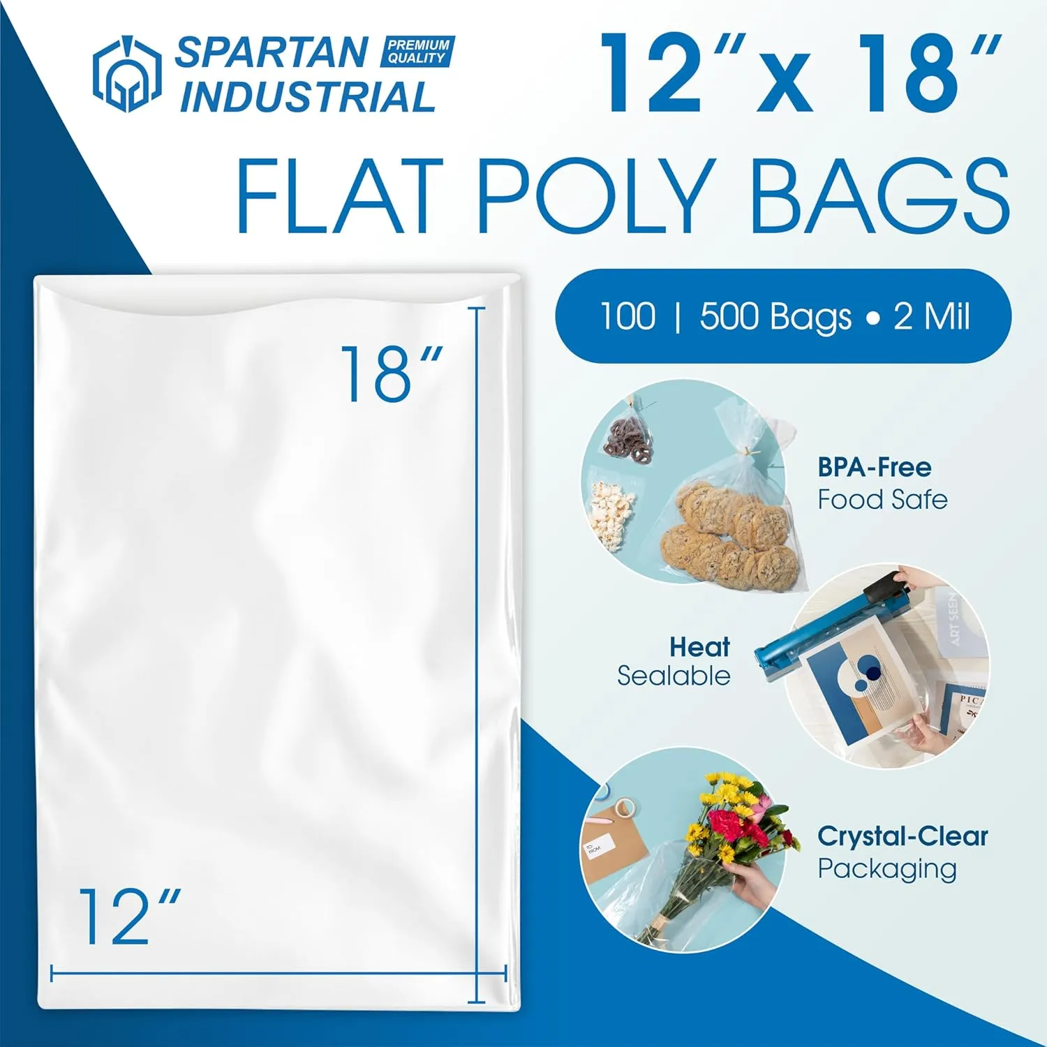 Spartan Industrial - 12” X 18” (100 Count) 2 Mil Heavy Duty Flat Open End Clear Plastic Poly Bags - For Packaging Toys, Art, School Supplies (Bags DO NOT Have Seal & DO NOT Have Prints)