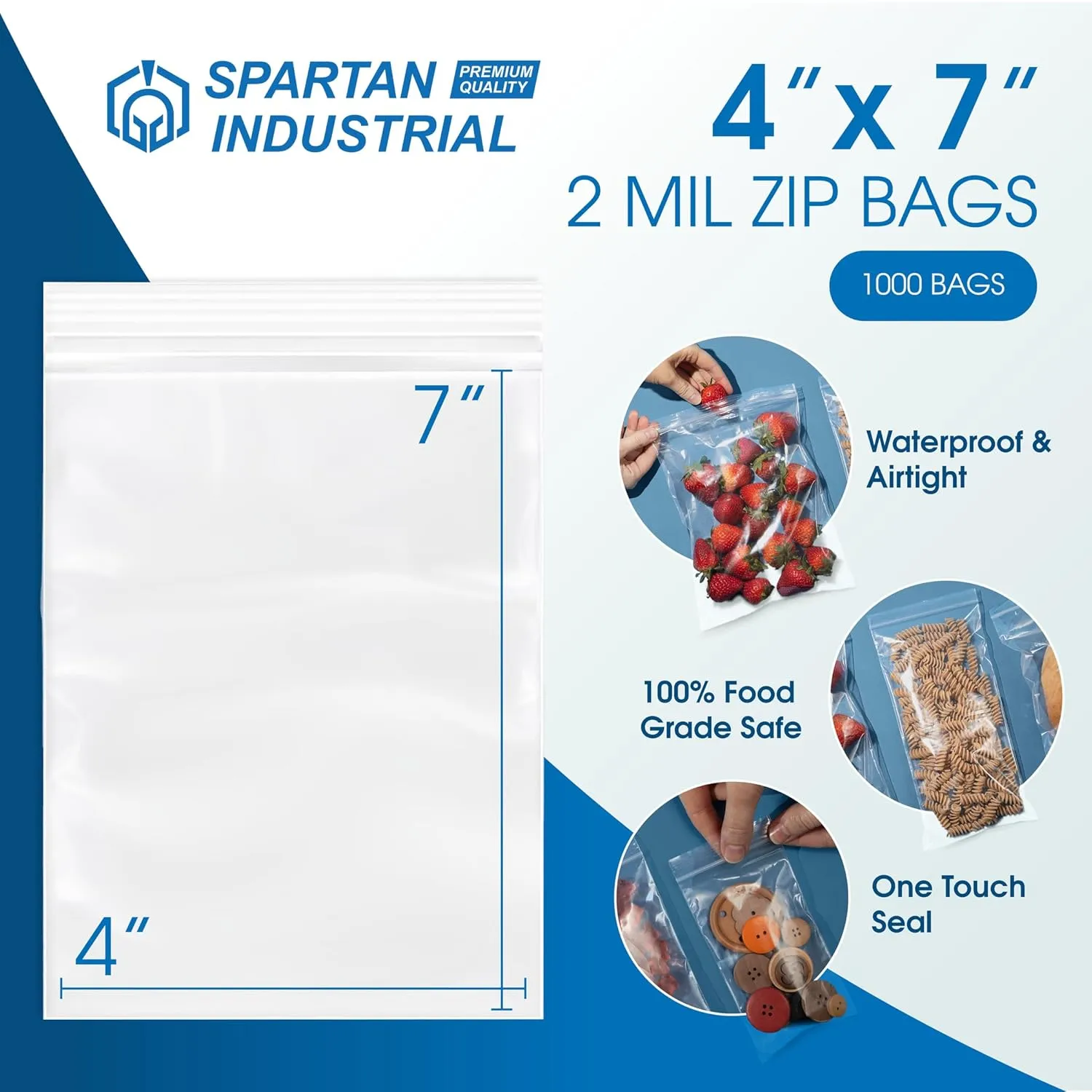 Spartan Industrial - 4” X 7” (1000 Count) 2 Mil Clear Reclosable Zip Plastic Poly Bags with Resealable Lock Seal Zipper