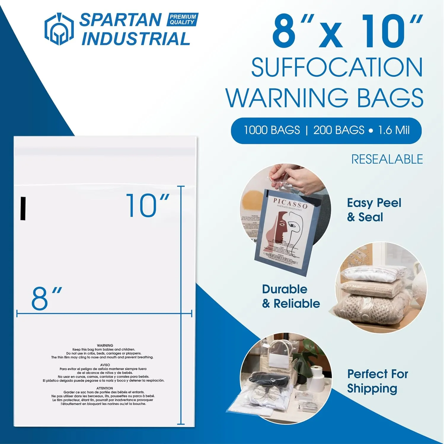 Spartan Industrial - 8” X 10” (200 Count) Self Seal Clear Poly Bags with Suffocation Warning for Packaging, T Shirts - Resealable Glue