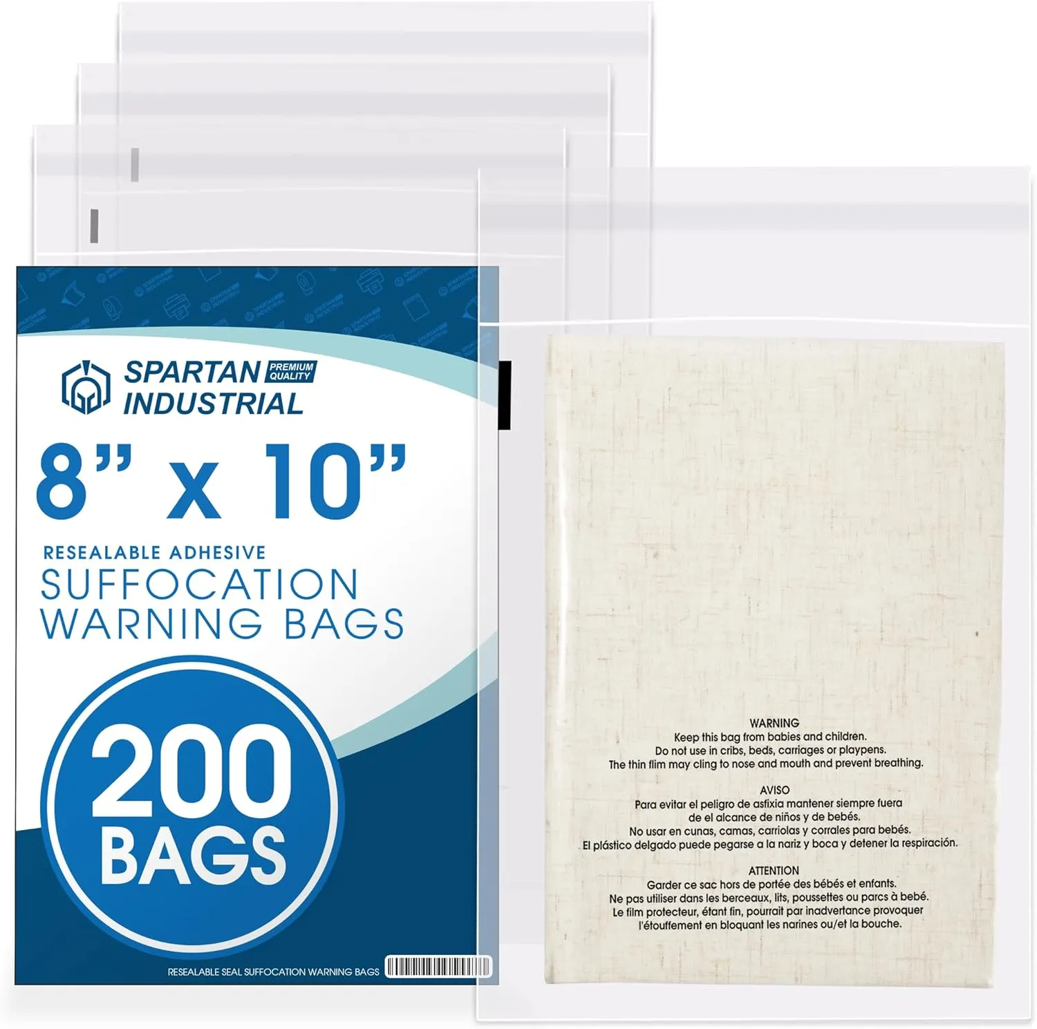 Spartan Industrial - 8” X 10” (200 Count) Self Seal Clear Poly Bags with Suffocation Warning for Packaging, T Shirts - Resealable Glue