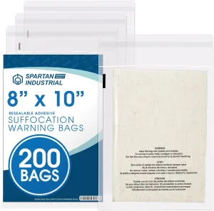 Spartan Industrial - 8” X 10” (200 Count) Self Seal Clear Poly Bags with Suffocation Warning for Packaging, T Shirts - Resealable Glue