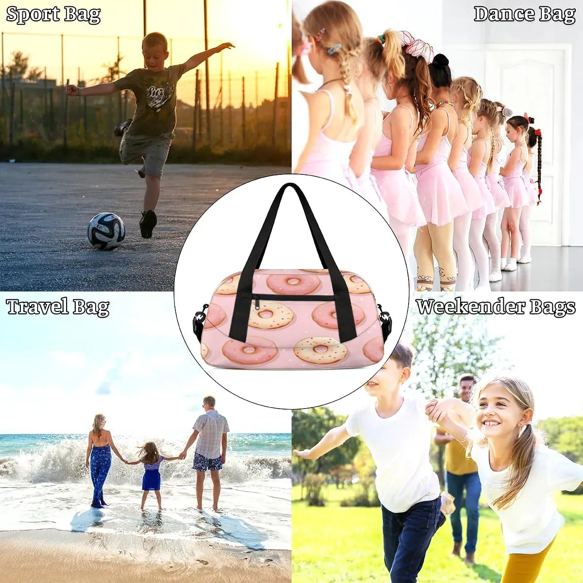 Sport Duffel Bag Donut Theme Kids Gym Bag Weekender Overnight Bags for Boys Girls Teens Carry On Workout Travel Bag