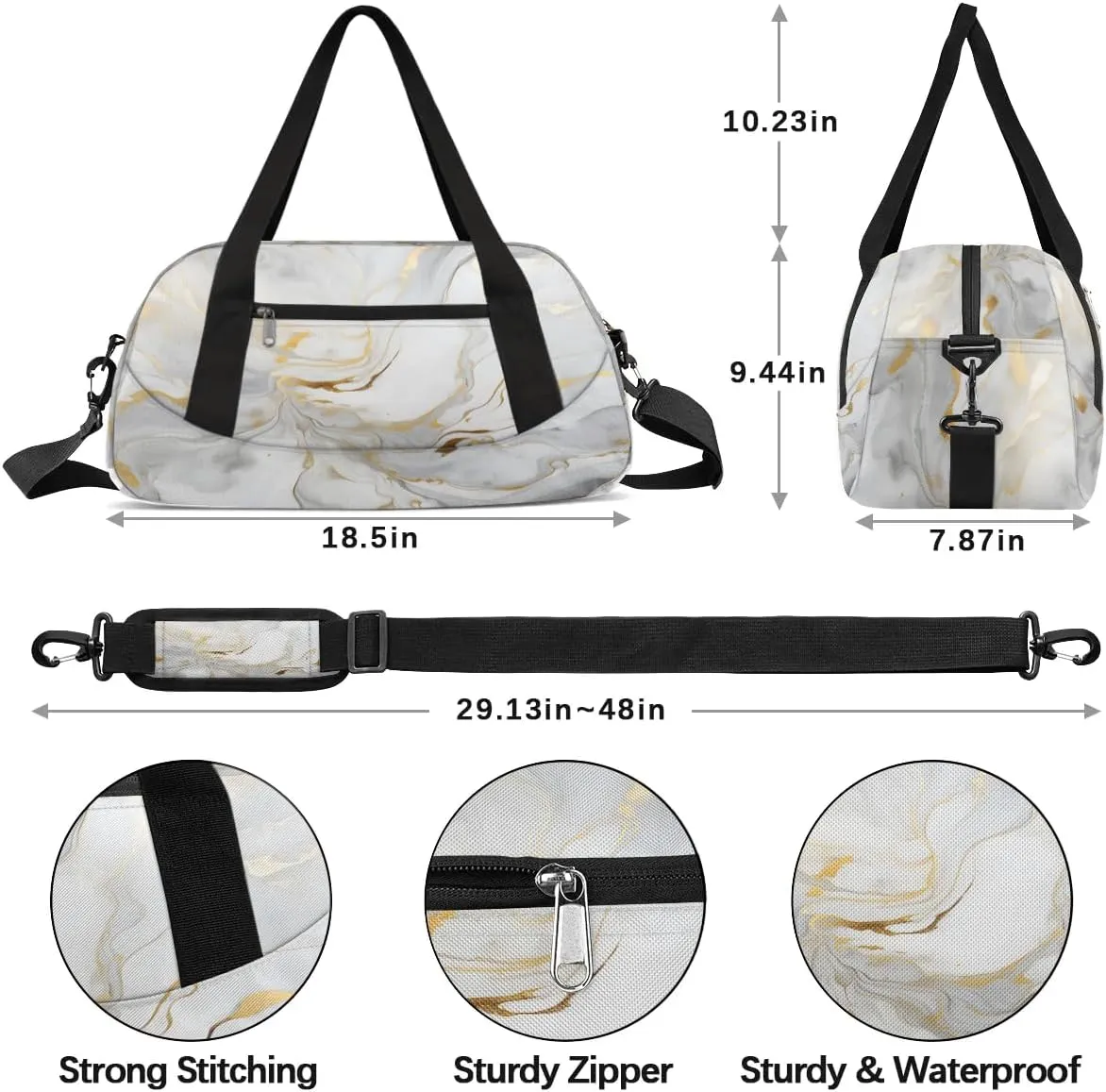 Sport Duffel Bag Gray White Marble Style Kids Gym Bag Weekender Overnight Bags for Boys Girls Teens Carry On Workout Travel Bag