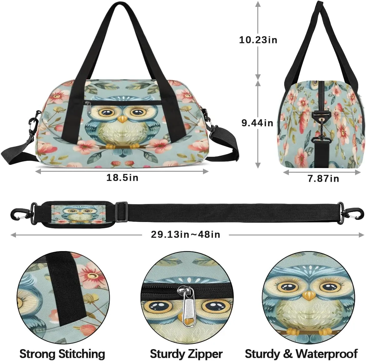 Sport Duffel Bag Lovely Owl Flowers Kids Gym Bag Weekender Overnight Bags for Boys Girls Teens Carry On Workout Travel Bag