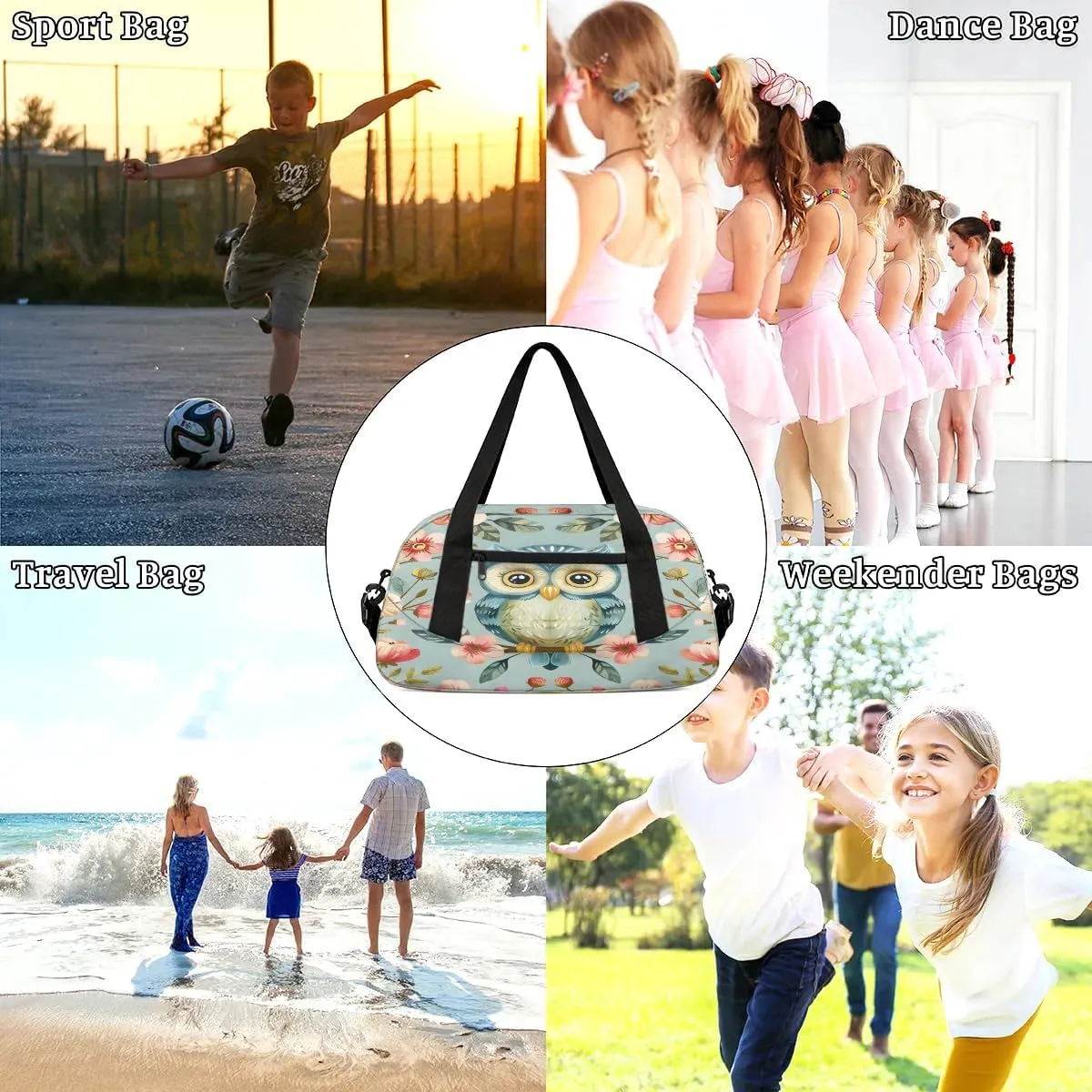 Sport Duffel Bag Lovely Owl Flowers Kids Gym Bag Weekender Overnight Bags for Boys Girls Teens Carry On Workout Travel Bag