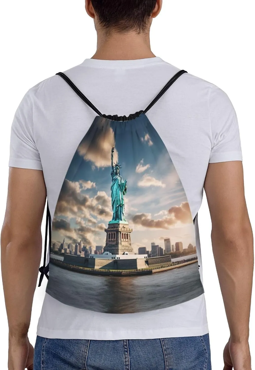 Statue of Liberty in NYC print Drawstring Backpack Bags Sack Cinch Tote Sport Storage Polyester Bag for Gym Traveling