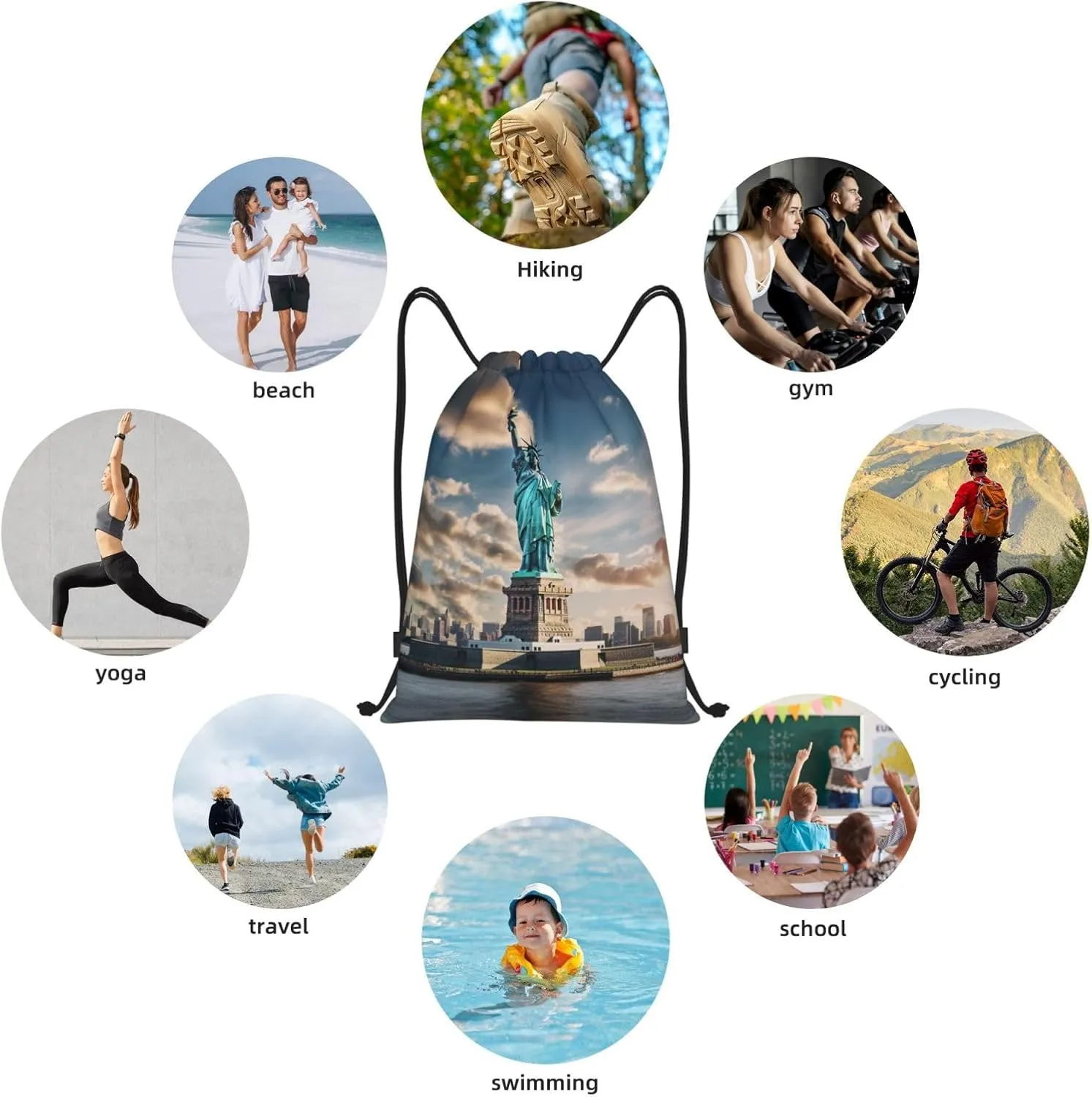 Statue of Liberty in NYC print Drawstring Backpack Bags Sack Cinch Tote Sport Storage Polyester Bag for Gym Traveling