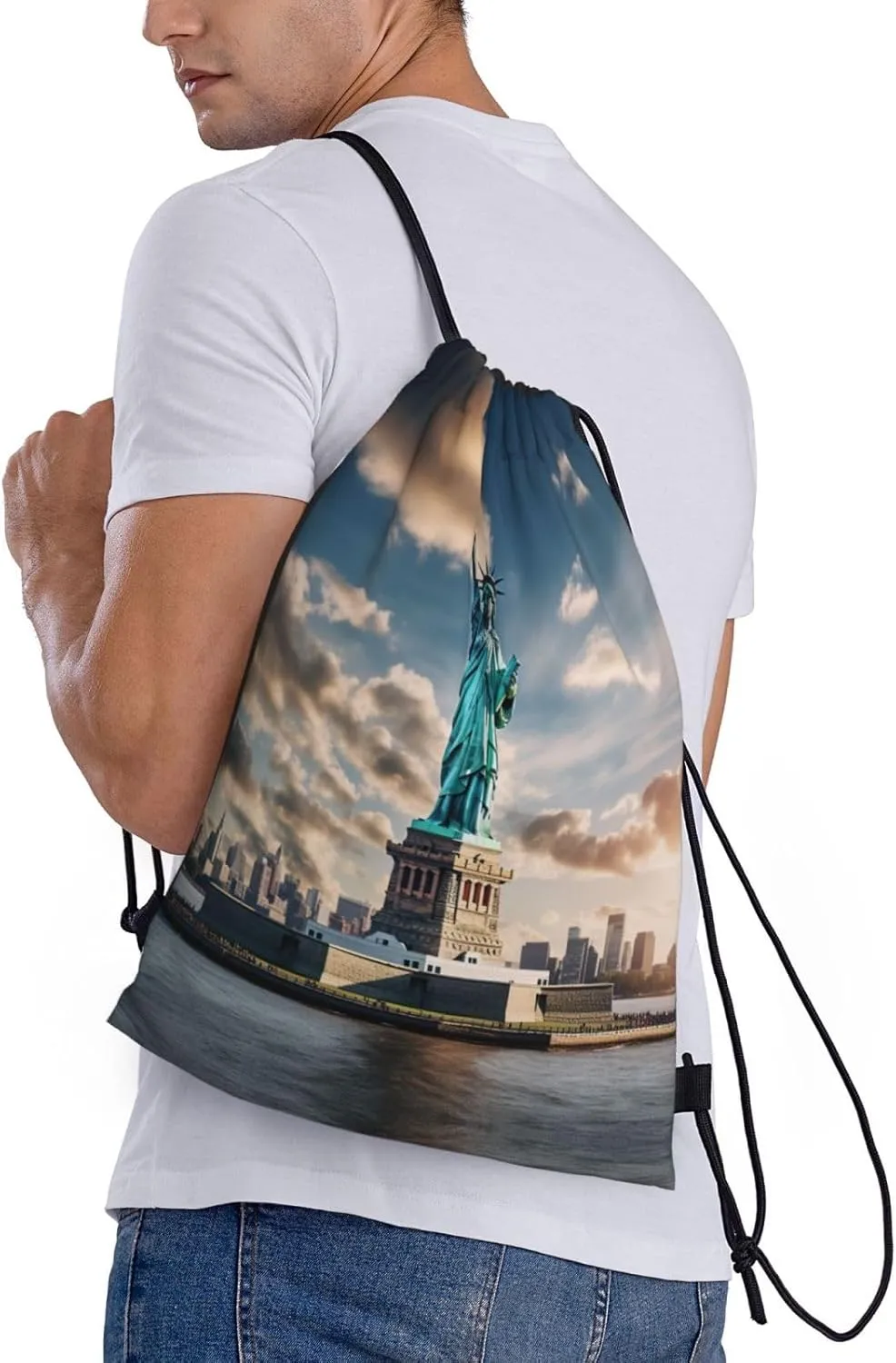 Statue of Liberty in NYC print Drawstring Backpack Bags Sack Cinch Tote Sport Storage Polyester Bag for Gym Traveling