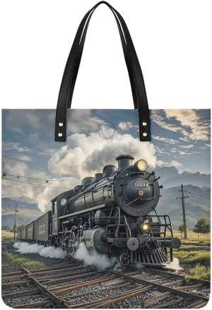 Steam Locomotive Train Tote Bag Leather Handbag Shopper Purse Shoulder Bag for Women Office Laptop Bag Gift