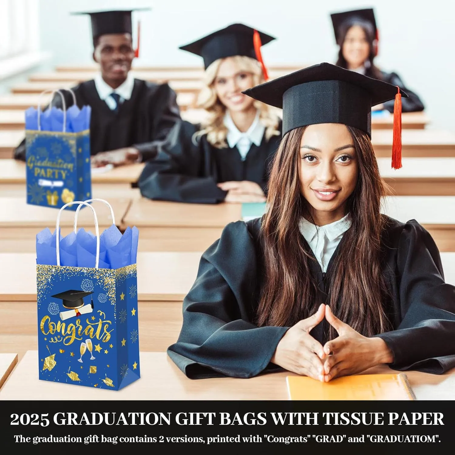 Subacy 12 Pack 2025 Graduation Gift Bags with Tissue Paper Bulk Grad Party Treat Bag with Handles for High School, College, Kindergarten, 8th Grade（Blue）