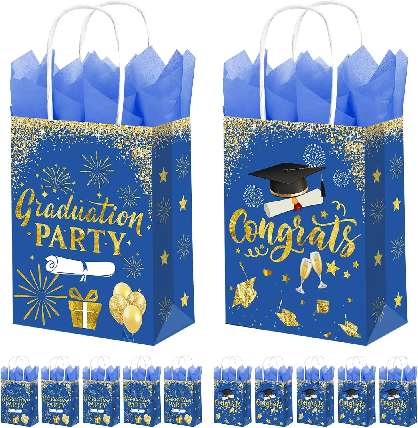 Subacy 12 Pack 2025 Graduation Gift Bags with Tissue Paper Bulk Grad Party Treat Bag with Handles for High School, College, Kindergarten, 8th Grade（Blue）