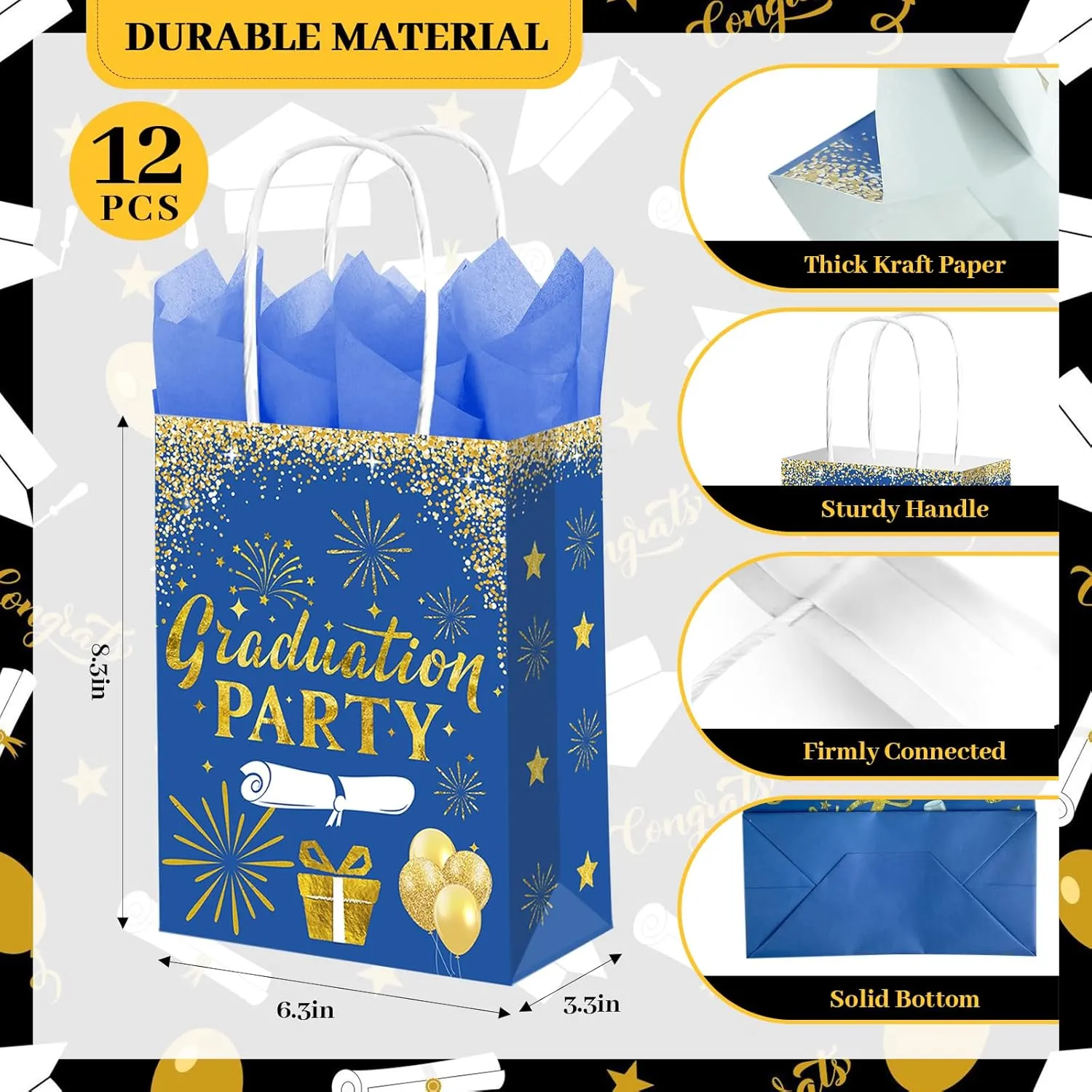 Subacy 12 Pack 2025 Graduation Gift Bags with Tissue Paper Bulk Grad Party Treat Bag with Handles for High School, College, Kindergarten, 8th Grade（Blue）