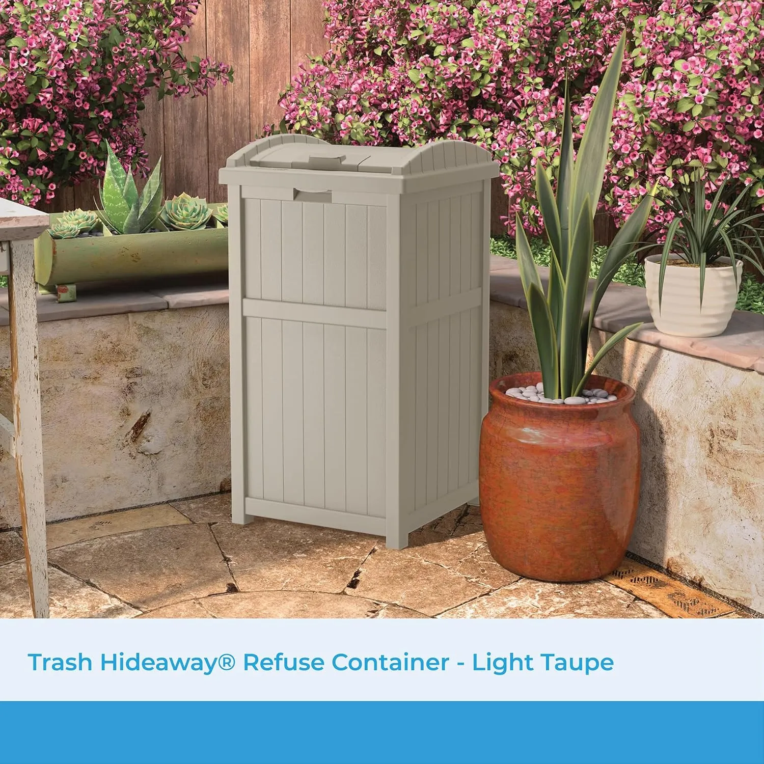Suncast 33 Gallon Hideaway Trash Can for Patio - Resin Outdoor Trash with Lid - Use in Backyard, Deck, or Patio - Taupe