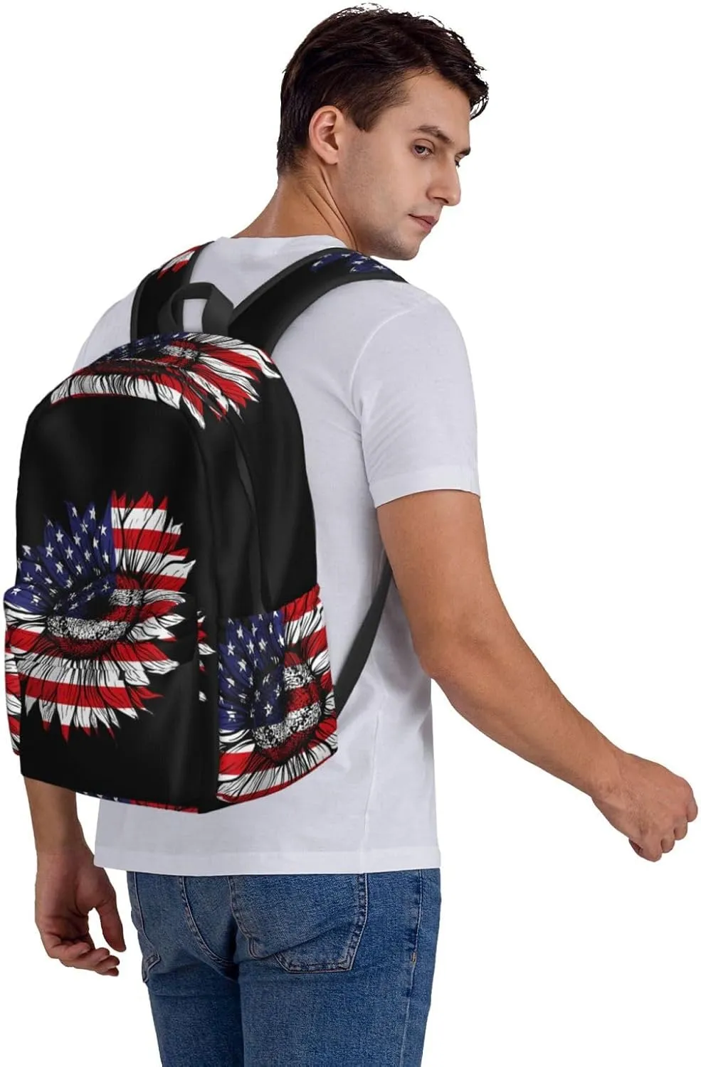 Sunflower American Flag Patriotic Backpack Large Capacity Backpack Lightweight Double Shoulder Bag For Women Men Travel