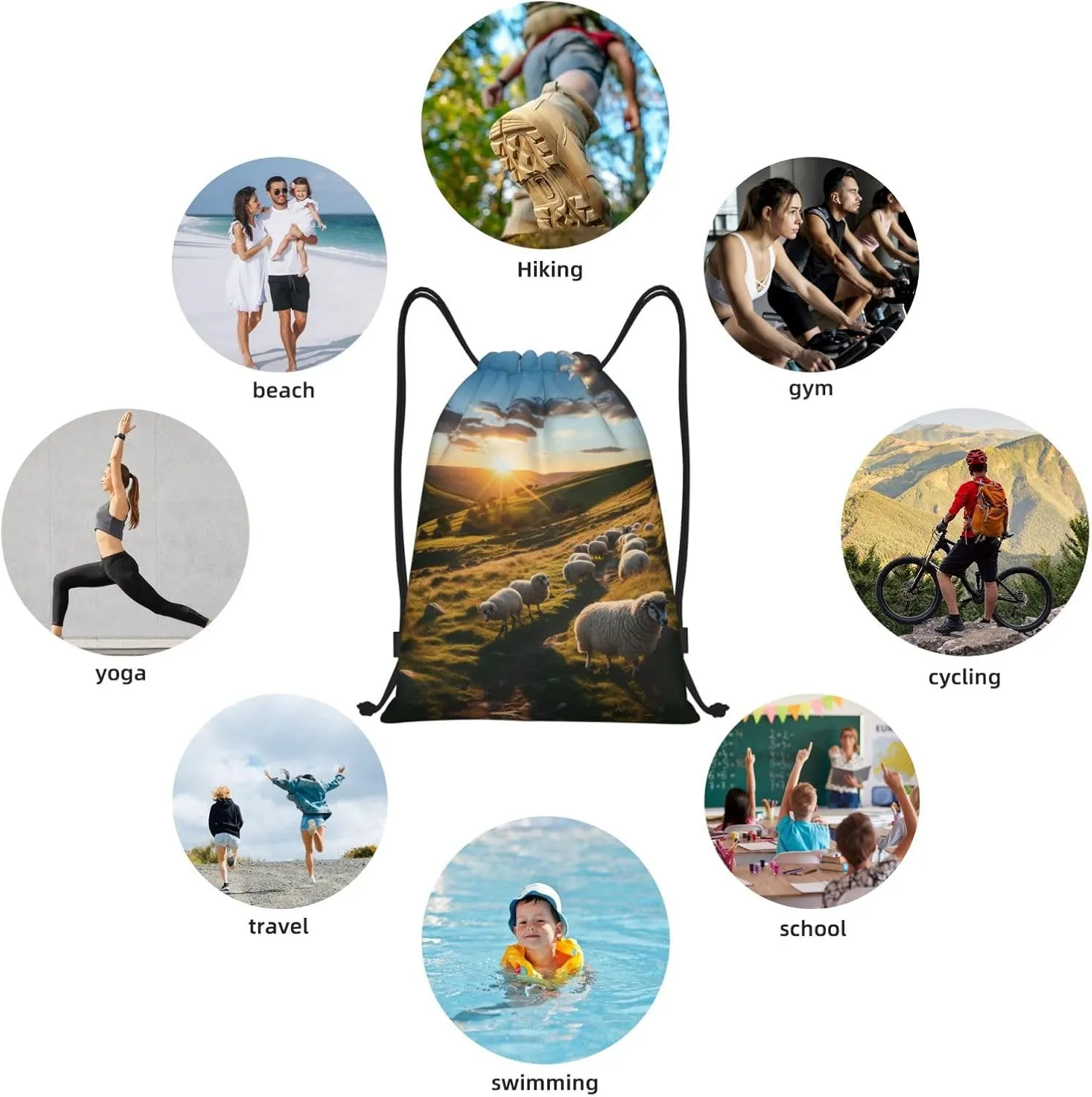 Sunset Pasture 2 print Drawstring Backpack Bags Sack Cinch Tote Sport Storage Polyester Bag for Gym Traveling