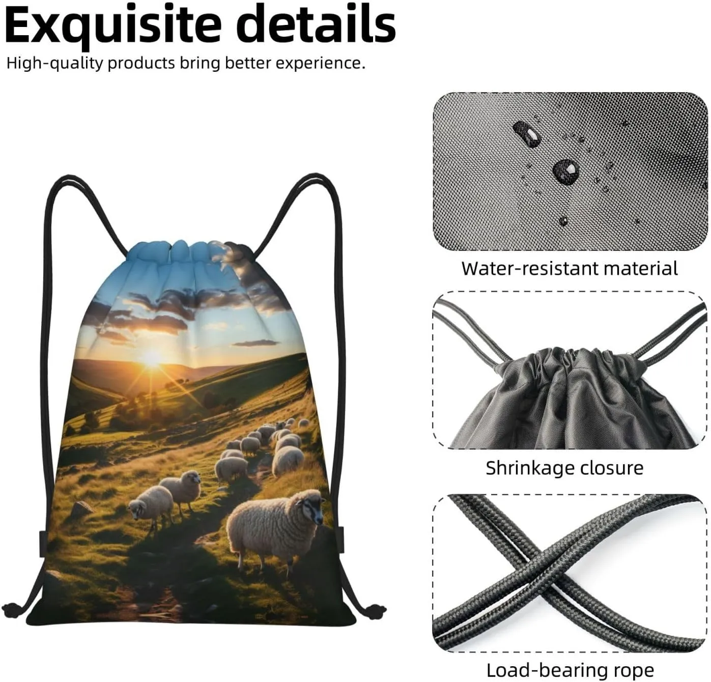 Sunset Pasture 2 print Drawstring Backpack Bags Sack Cinch Tote Sport Storage Polyester Bag for Gym Traveling
