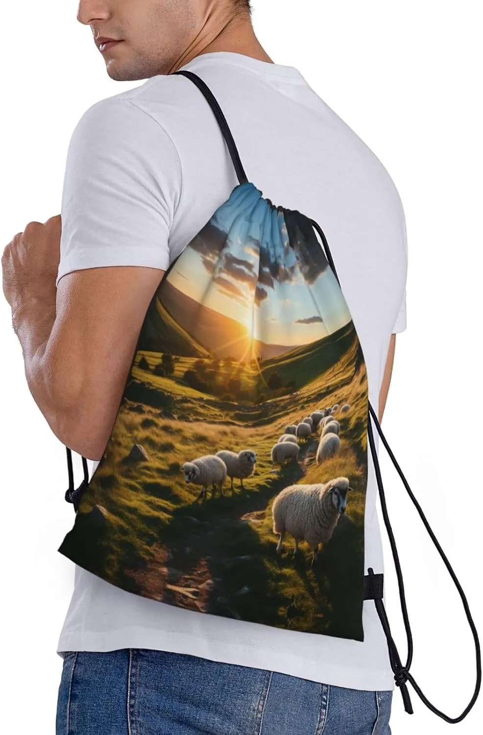 Sunset Pasture 2 print Drawstring Backpack Bags Sack Cinch Tote Sport Storage Polyester Bag for Gym Traveling