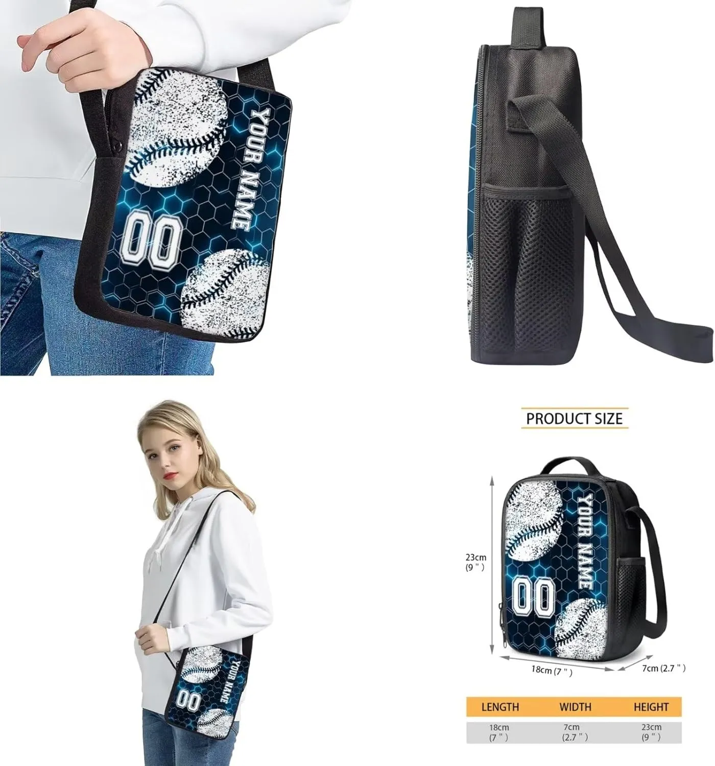Suobstales Baseball Print Kids Backpack for Boys Girls, Blue Hexagonal Geometric Honeycomb Preschool Elementary School Bag Travel Bapack, 4Pcs Bookbag Set with Lunch Box Pencil Case Crossbody Bags