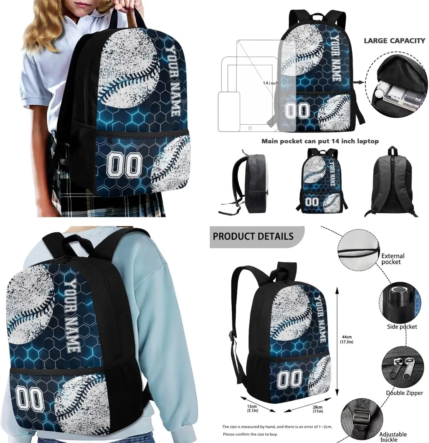 Suobstales Baseball Print Kids Backpack for Boys Girls, Blue Hexagonal Geometric Honeycomb Preschool Elementary School Bag Travel Bapack, 4Pcs Bookbag Set with Lunch Box Pencil Case Crossbody Bags