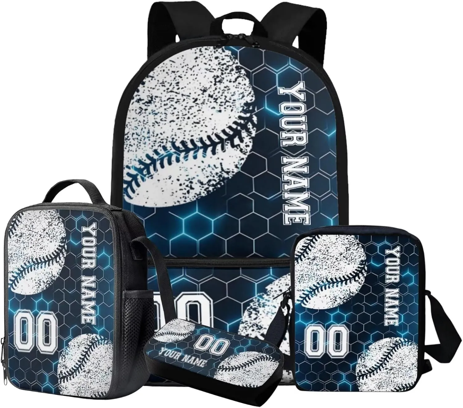 Suobstales Baseball Print Kids Backpack for Boys Girls, Blue Hexagonal Geometric Honeycomb Preschool Elementary School Bag Travel Bapack, 4Pcs Bookbag Set with Lunch Box Pencil Case Crossbody Bags